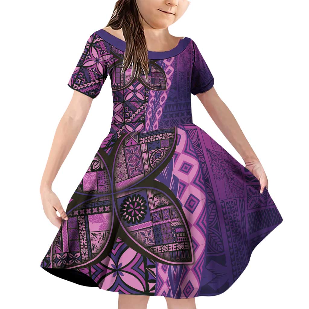 Samoan Pacific Tribal Flower Geometric Art Tattoos Family Matching Off Shoulder Short Dress and Hawaiian Shirt Siapo Pattern Purple Haze - Polynesian Pride