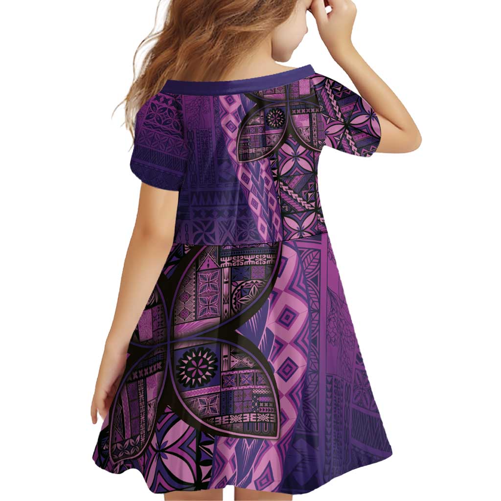 Samoan Pacific Tribal Flower Geometric Art Tattoos Family Matching Off Shoulder Short Dress and Hawaiian Shirt Siapo Pattern Purple Haze - Polynesian Pride