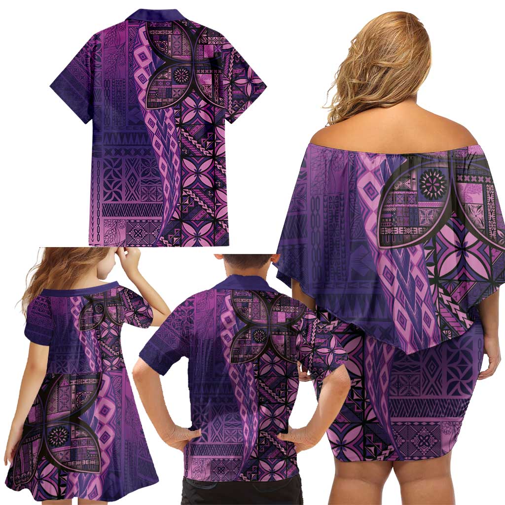 Samoan Pacific Tribal Flower Geometric Art Tattoos Family Matching Off Shoulder Short Dress and Hawaiian Shirt Siapo Pattern Purple Haze - Polynesian Pride