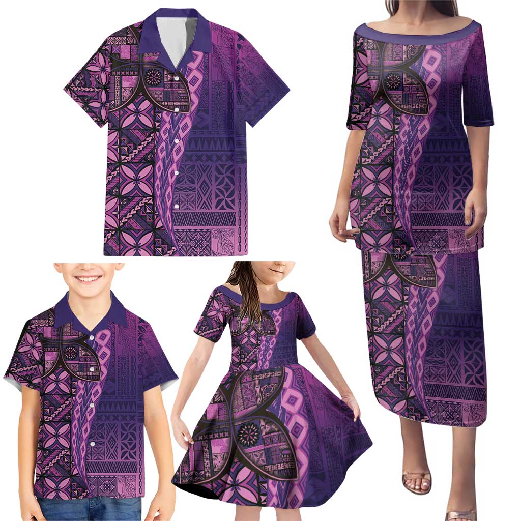 Samoan Pacific Tribal Flower Geometric Art Tattoos Family Matching Puletasi and Hawaiian Shirt Siapo Pattern Purple Haze - Polynesian Pride