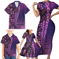 Samoan Pacific Tribal Flower Geometric Art Tattoos Family Matching Short Sleeve Bodycon Dress and Hawaiian Shirt Siapo Pattern Purple Haze - Polynesian Pride