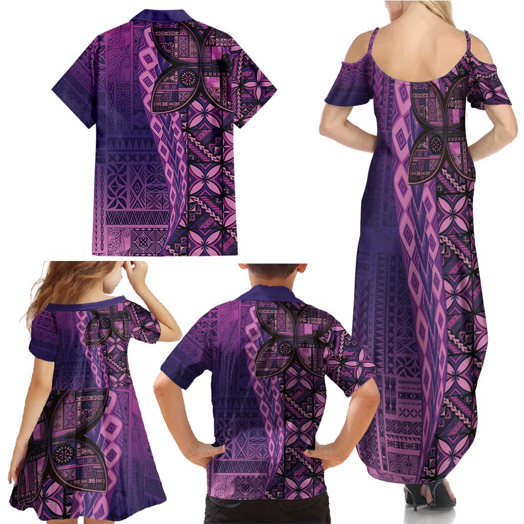 Samoan Pacific Tribal Flower Geometric Art Tattoos Family Matching Summer Maxi Dress and Hawaiian Shirt Siapo Pattern Purple Haze - Polynesian Pride