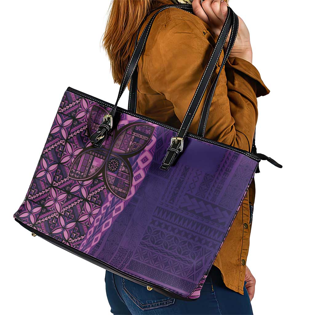 Samoan Pacific Tribal Flower Geometric Art Tattoos Leather Tote Bag Siapo Pattern Purple Haze - Polynesian Pride