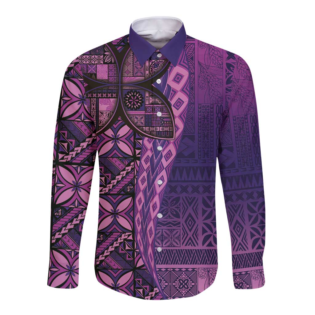 Samoan Pacific Tribal Flower Geometric Art Tattoos Long Sleeve Button Shirt Siapo Pattern Purple Haze LT03 Unisex Purple - Polynesian Pride