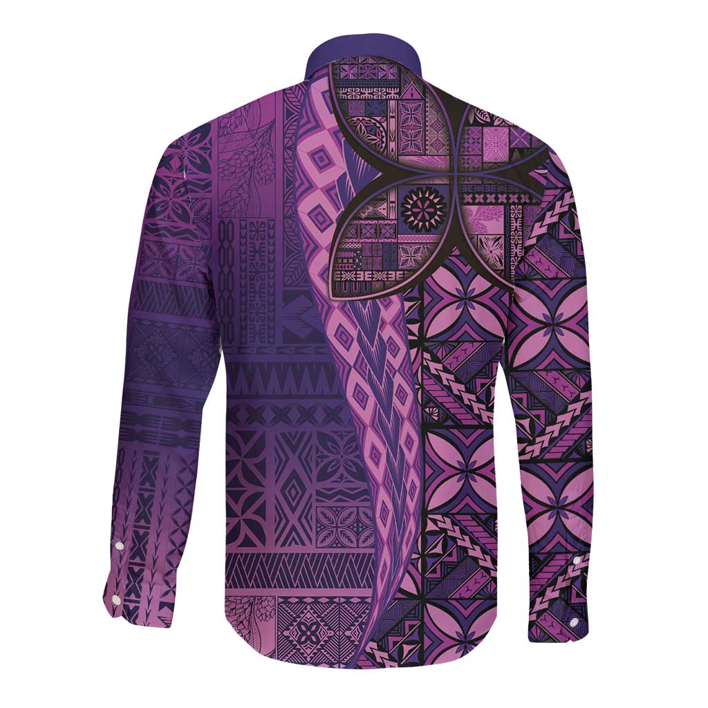 Samoan Pacific Tribal Flower Geometric Art Tattoos Long Sleeve Button Shirt Siapo Pattern Purple Haze LT03 - Polynesian Pride