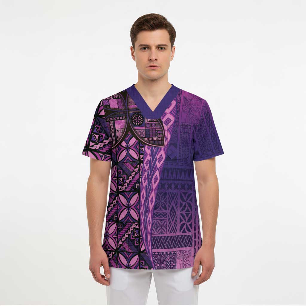 Samoan Pacific Tribal Flower Geometric Art Tattoos Scrub Top Siapo Pattern Purple Haze LT03 - Polynesian Pride