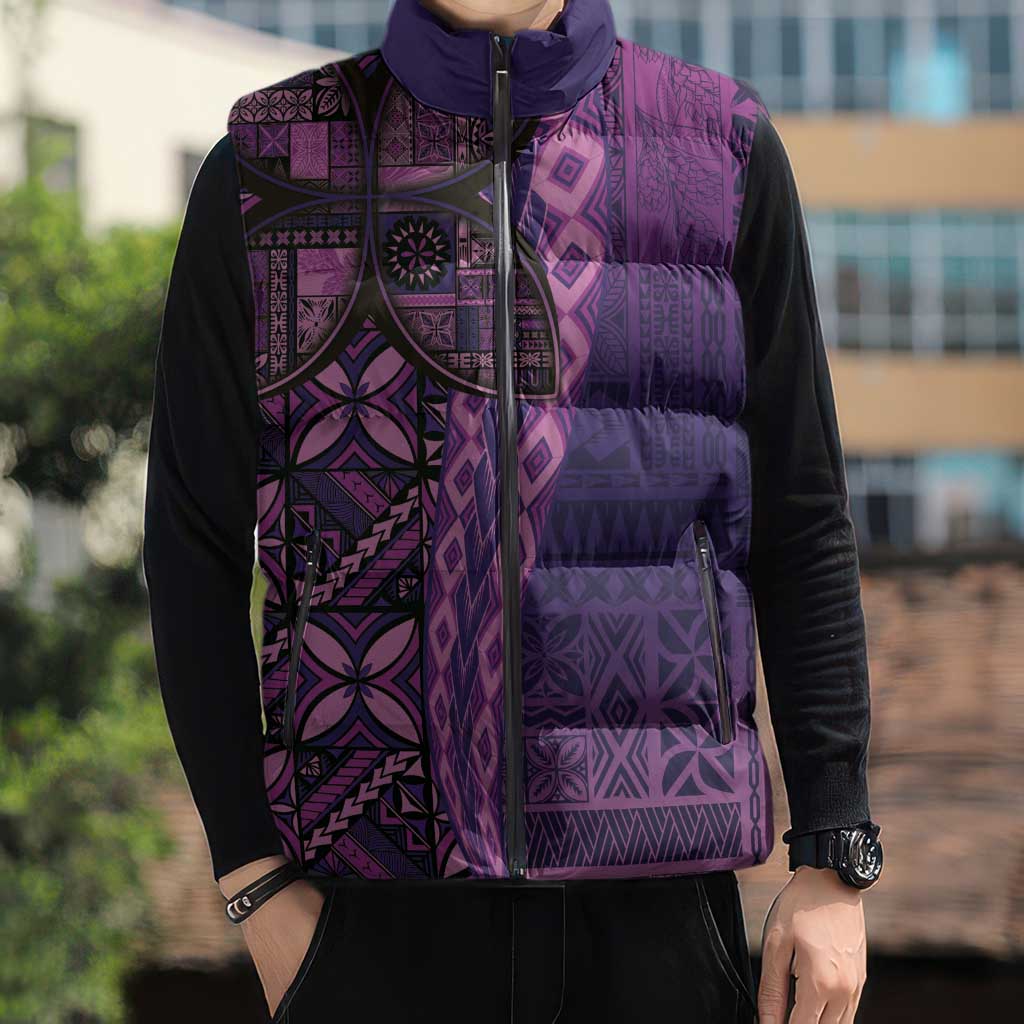 Samoan Pacific Tribal Flower Geometric Art Tattoos Sleeveless Puffer Jacket Siapo Pattern Purple Haze LT03 - Polynesian Pride