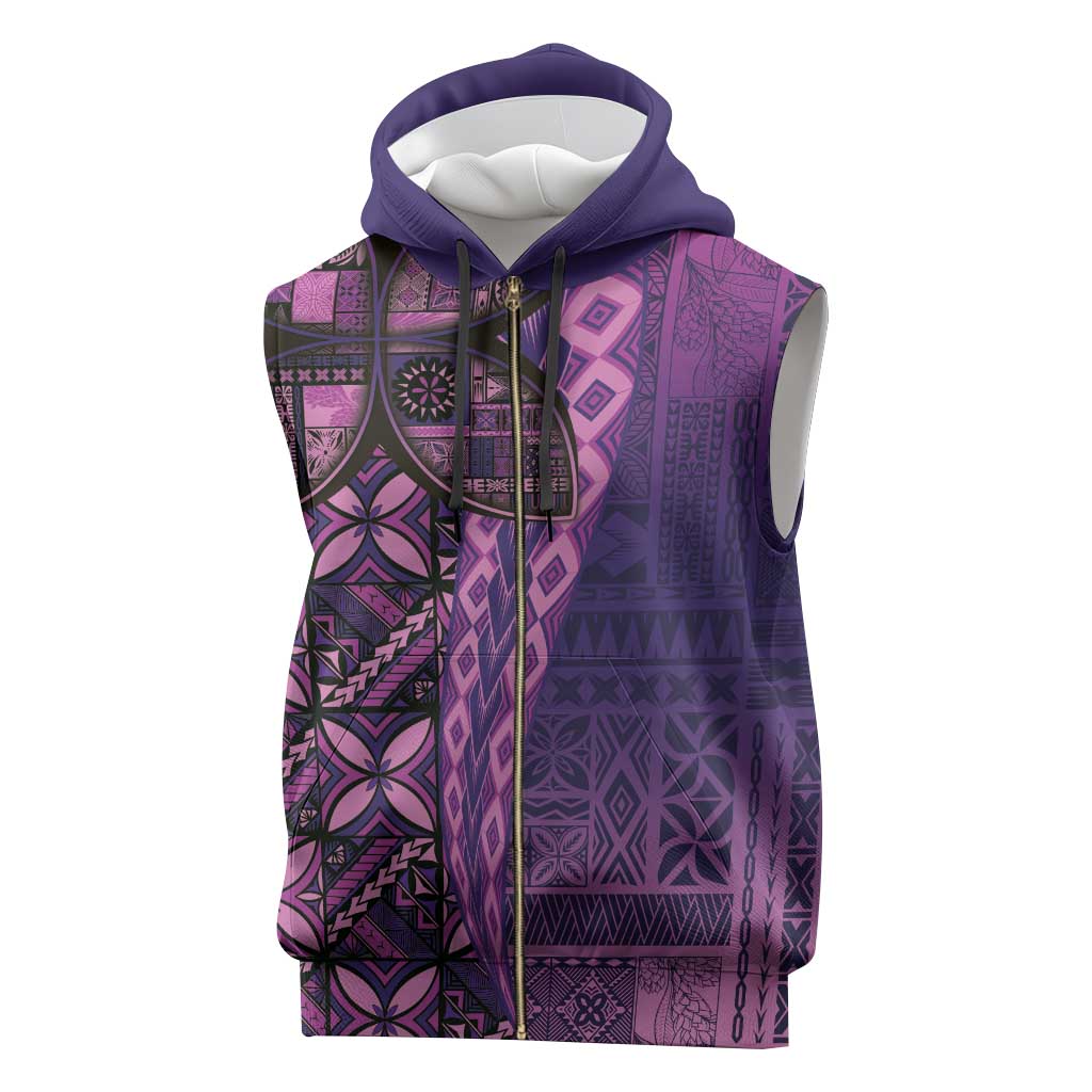 Samoan Pacific Tribal Flower Geometric Art Tattoos Sleeveless Zip Hoodie Siapo Pattern Purple Haze - Polynesian Pride