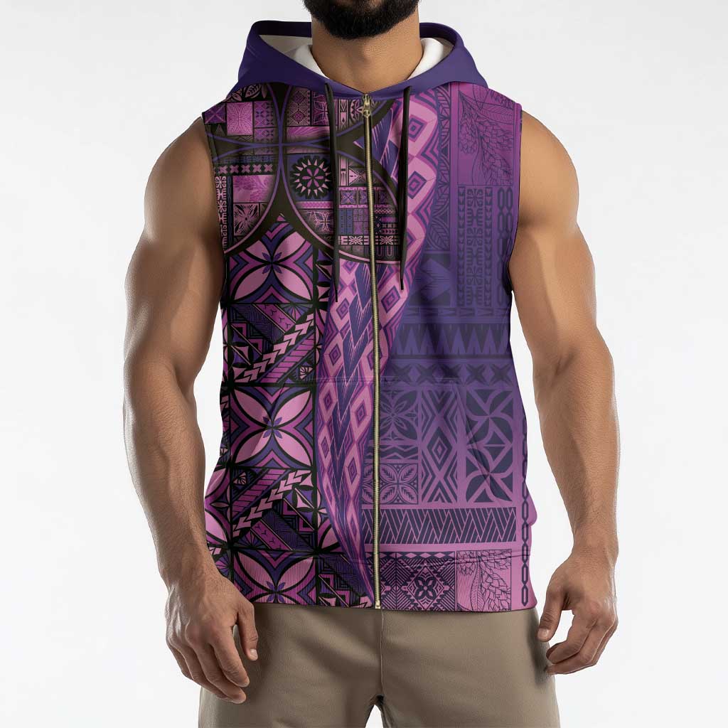 Samoan Pacific Tribal Flower Geometric Art Tattoos Sleeveless Zip Hoodie Siapo Pattern Purple Haze - Polynesian Pride