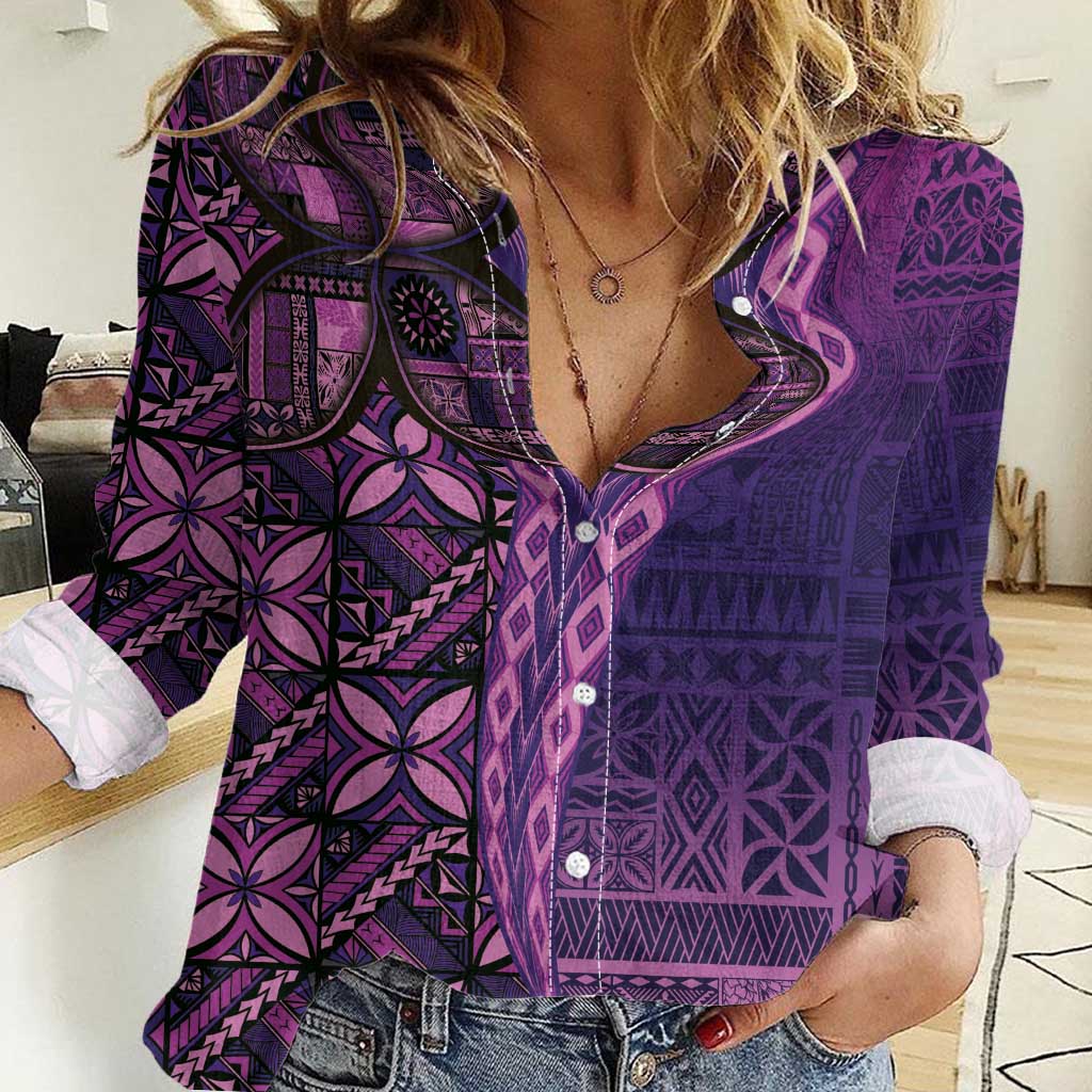 Samoan Pacific Tribal Flower Geometric Art Tattoos Women Casual Shirt Siapo Pattern Purple Haze - Polynesian Pride