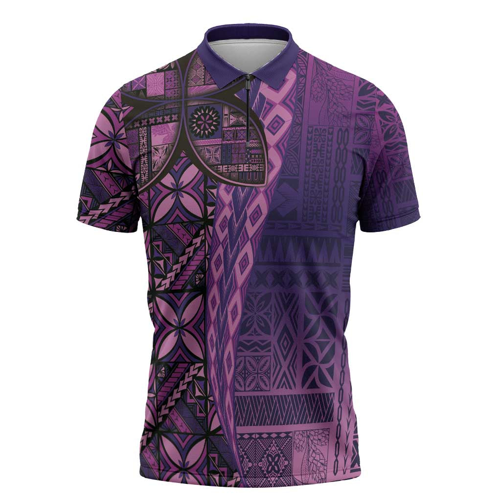 Samoan Pacific Tribal Flower Geometric Art Tattoos Zipper Polo Shirt Siapo Pattern Purple Haze LT03 Purple - Polynesian Pride