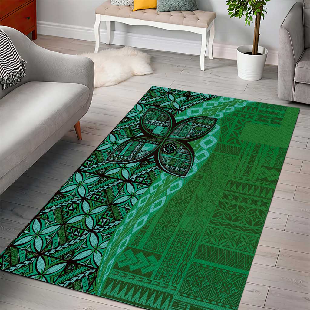Samoan Pacific Tribal Flower Geometric Art Tattoos Area Rug Siapo Pattern Emerald Glow - Polynesian Pride