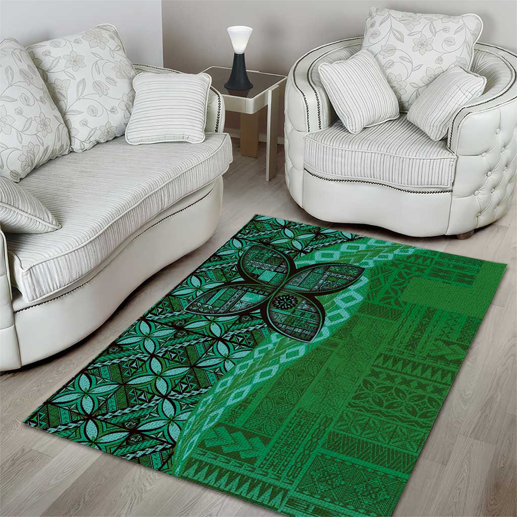 Samoan Pacific Tribal Flower Geometric Art Tattoos Area Rug Siapo Pattern Emerald Glow - Polynesian Pride