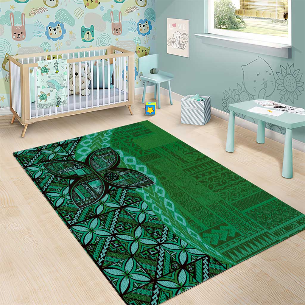Samoan Pacific Tribal Flower Geometric Art Tattoos Area Rug Siapo Pattern Emerald Glow - Polynesian Pride