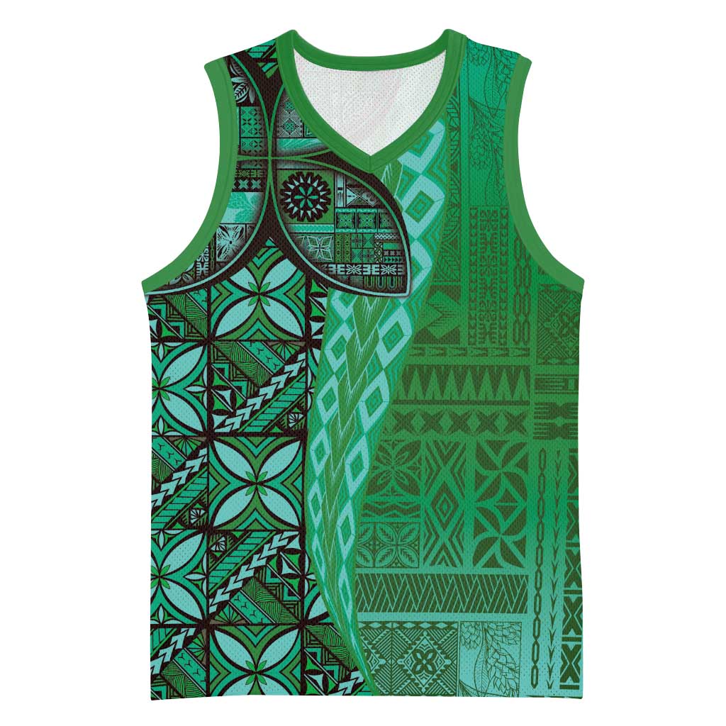 Samoan Pacific Tribal Flower Geometric Art Tattoos Basketball Jersey Siapo Pattern Emerald Glow LT03 Unisex Green - Polynesian Pride