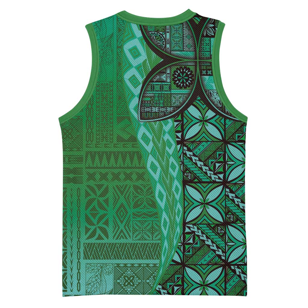 Samoan Pacific Tribal Flower Geometric Art Tattoos Basketball Jersey Siapo Pattern Emerald Glow LT03 - Polynesian Pride