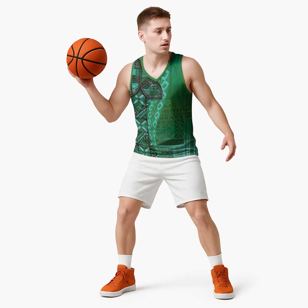 Samoan Pacific Tribal Flower Geometric Art Tattoos Basketball Jersey Siapo Pattern Emerald Glow LT03 - Polynesian Pride