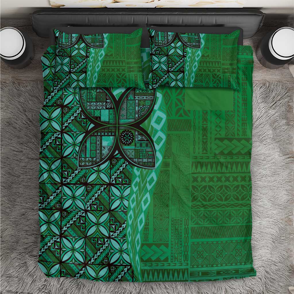 Samoan Pacific Tribal Flower Geometric Art Tattoos Bedding Set Siapo Pattern Emerald Glow - Polynesian Pride