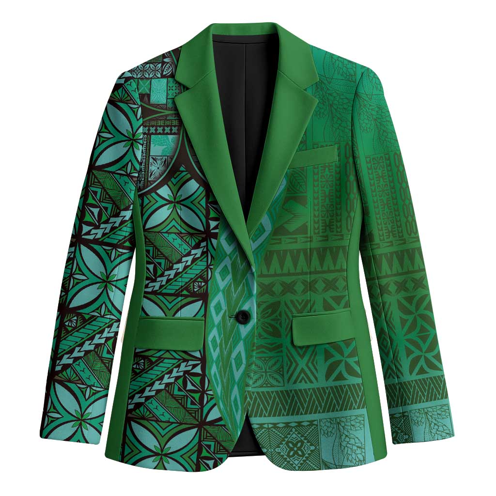 Samoan Pacific Tribal Flower Geometric Art Tattoos Blazer Siapo Pattern Emerald Glow - Polynesian Pride