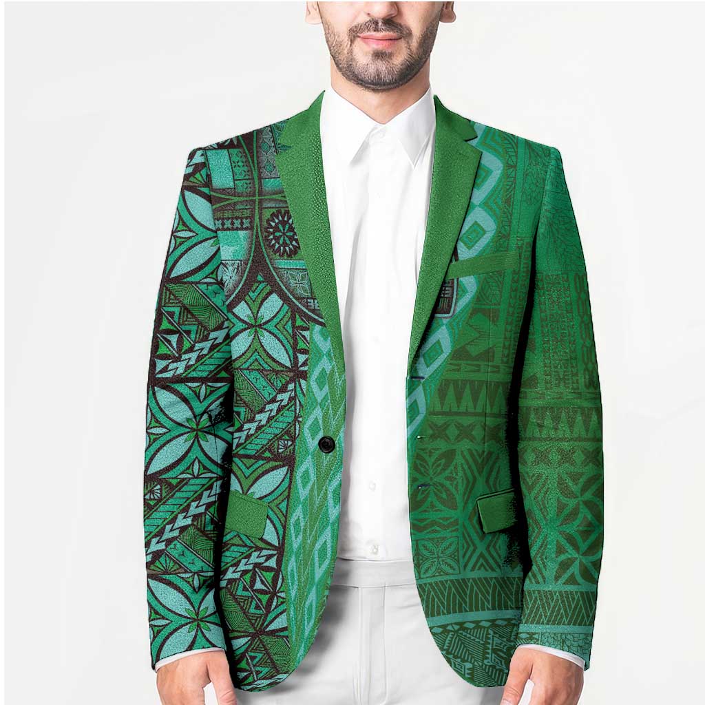 Samoan Pacific Tribal Flower Geometric Art Tattoos Blazer Siapo Pattern Emerald Glow - Polynesian Pride