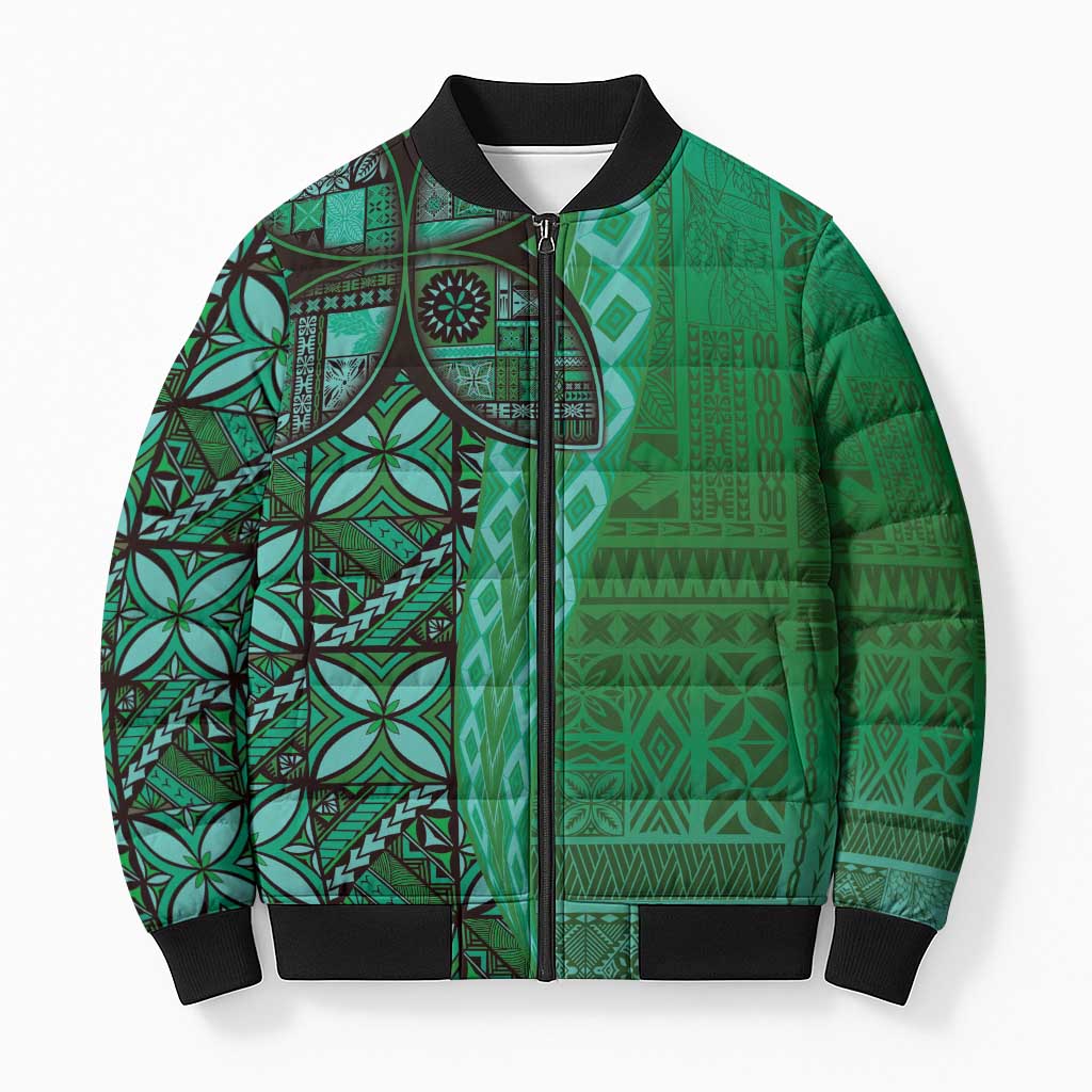 Samoan Pacific Tribal Flower Geometric Art Tattoos Bomber Puffer Jacket Siapo Pattern Emerald Glow LT03 Green - Polynesian Pride