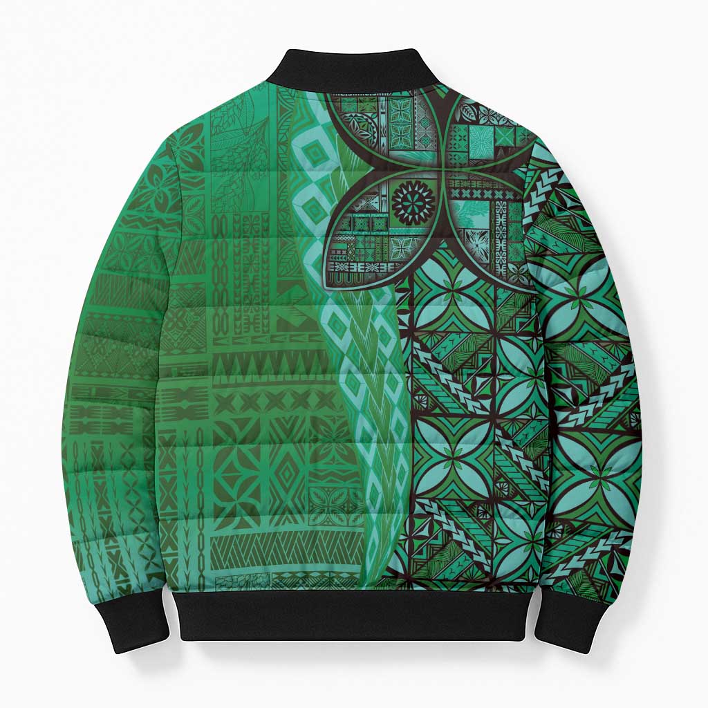Samoan Pacific Tribal Flower Geometric Art Tattoos Bomber Puffer Jacket Siapo Pattern Emerald Glow LT03 - Polynesian Pride