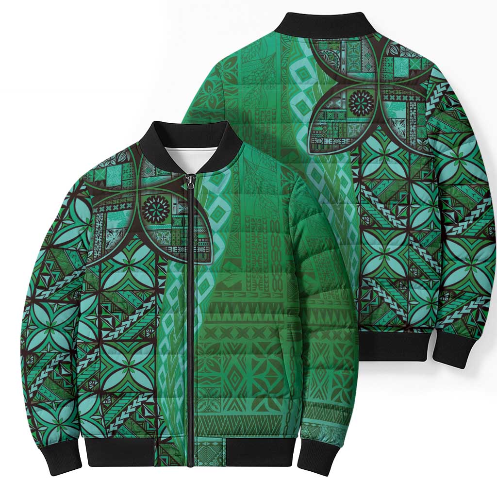 Samoan Pacific Tribal Flower Geometric Art Tattoos Bomber Puffer Jacket Siapo Pattern Emerald Glow LT03 - Polynesian Pride