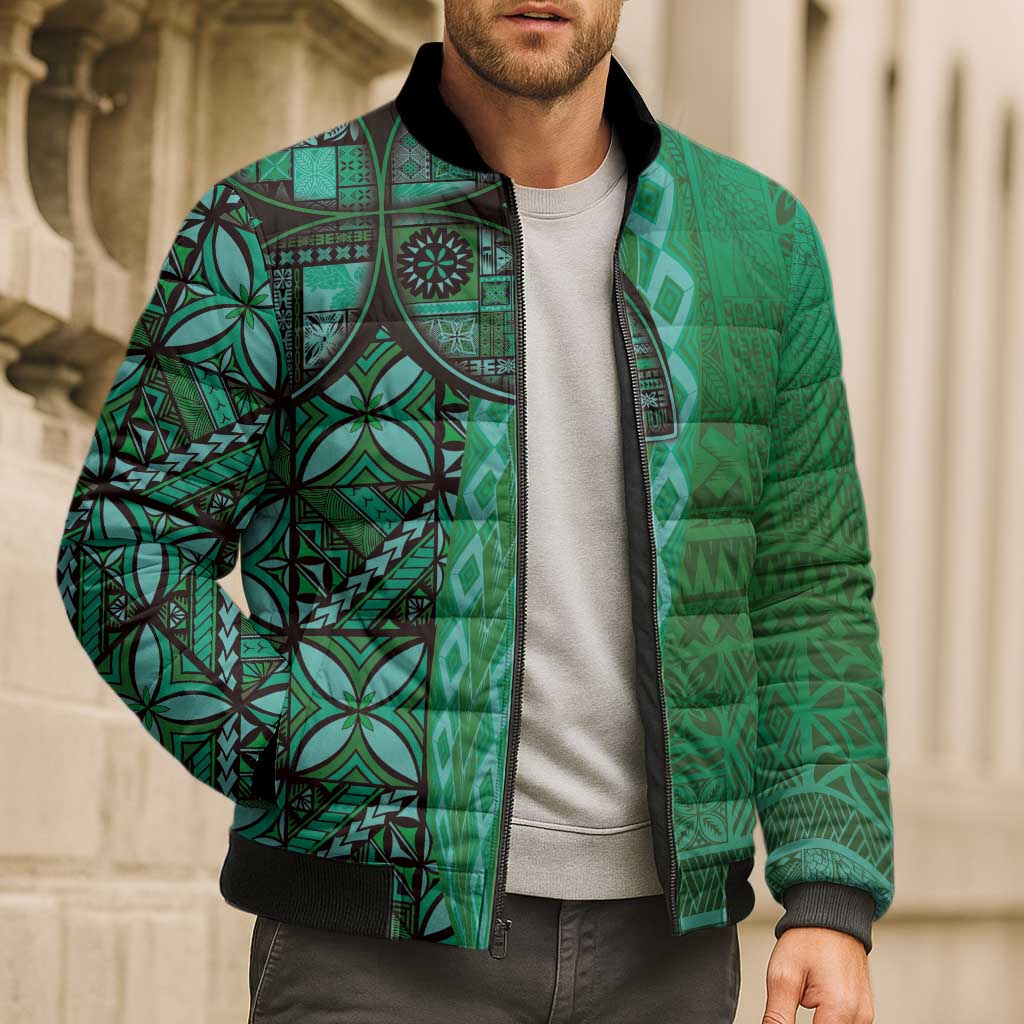 Samoan Pacific Tribal Flower Geometric Art Tattoos Bomber Puffer Jacket Siapo Pattern Emerald Glow LT03 - Polynesian Pride