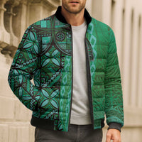 Samoan Pacific Tribal Flower Geometric Art Tattoos Bomber Puffer Jacket Siapo Pattern Emerald Glow LT03 - Polynesian Pride