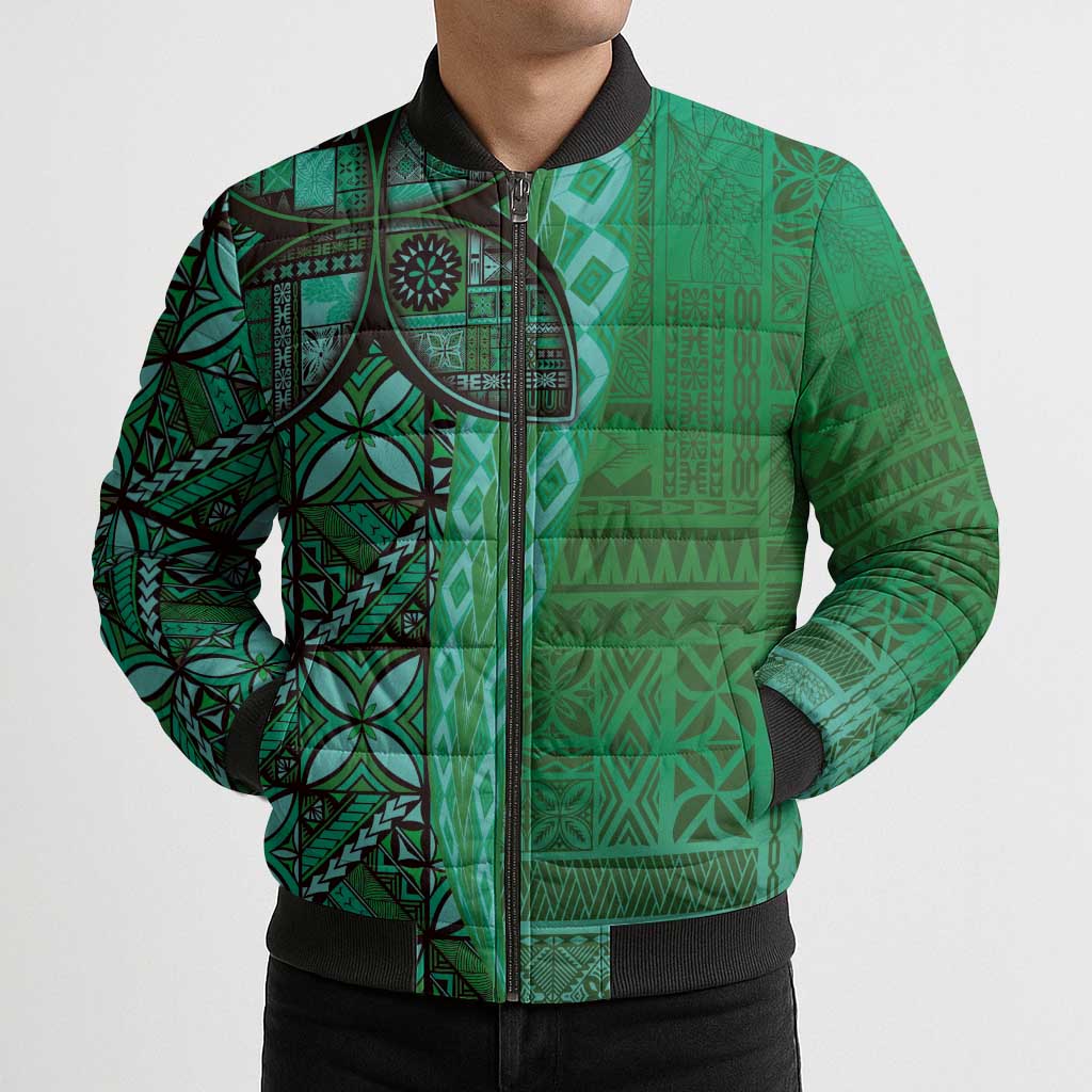 Samoan Pacific Tribal Flower Geometric Art Tattoos Bomber Puffer Jacket Siapo Pattern Emerald Glow LT03 - Polynesian Pride