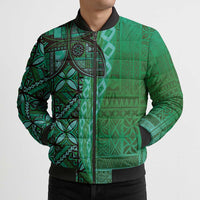 Samoan Pacific Tribal Flower Geometric Art Tattoos Bomber Puffer Jacket Siapo Pattern Emerald Glow LT03 - Polynesian Pride