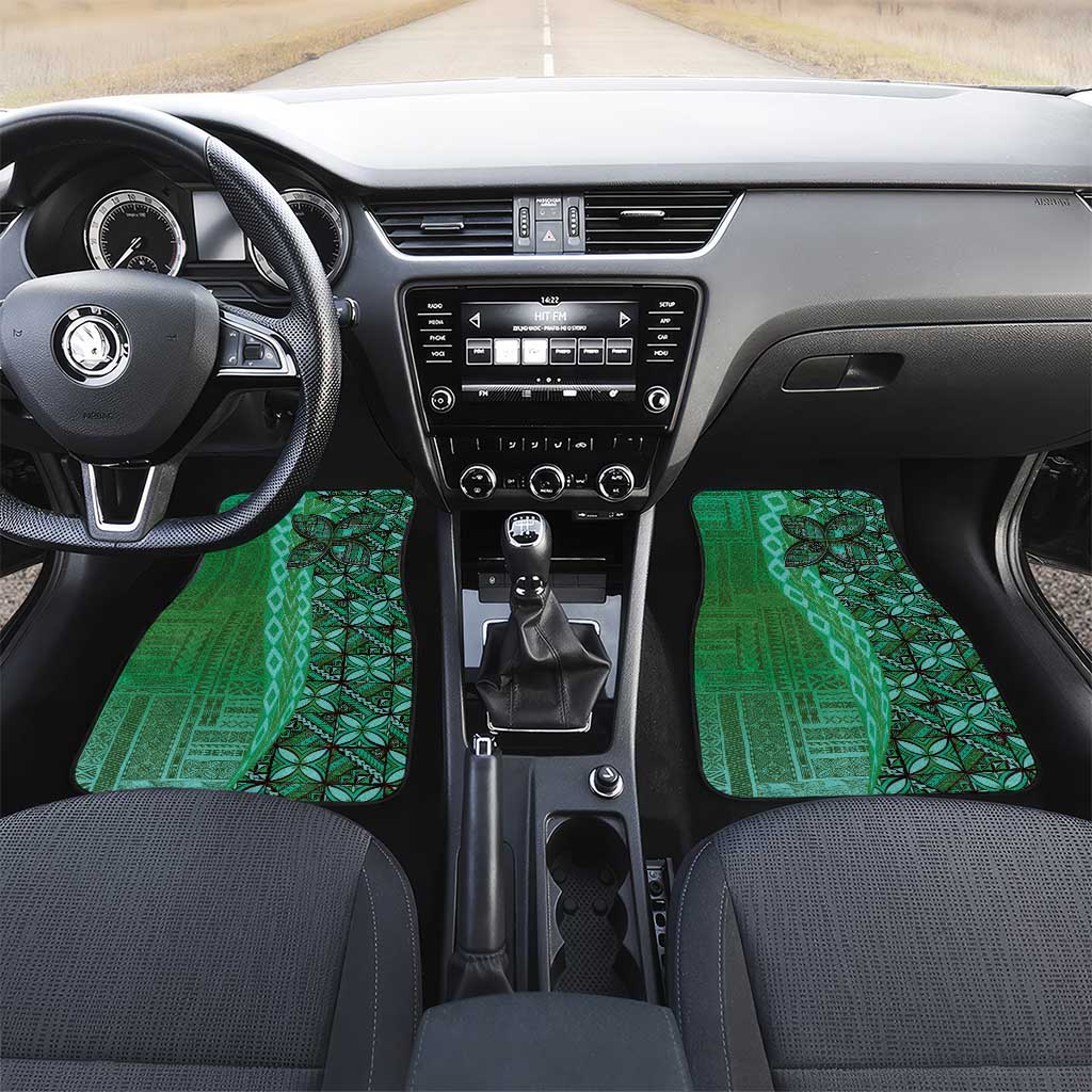 Samoan Pacific Tribal Flower Geometric Art Tattoos Car Mats Siapo Pattern Emerald Glow LT03 Set 2pcs - Front Green - Polynesian Pride