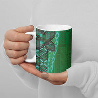 Samoan Pacific Tribal Flower Geometric Art Tattoos Ceramic Mug Siapo Pattern Emerald Glow - Polynesian Pride