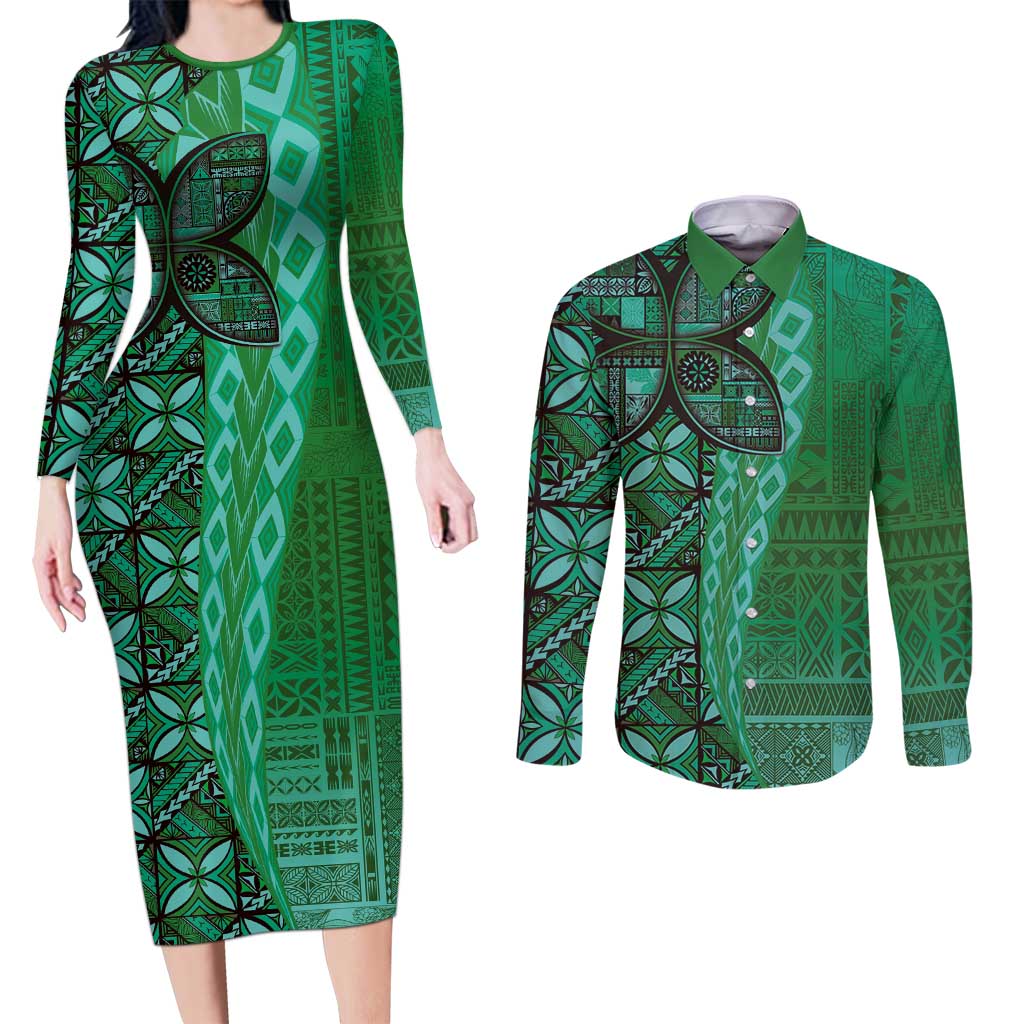 Samoan Pacific Tribal Flower Geometric Art Tattoos Couples Matching Long Sleeve Bodycon Dress and Long Sleeve Button Shirt Siapo Pattern Emerald Glow LT03 Green - Polynesian Pride