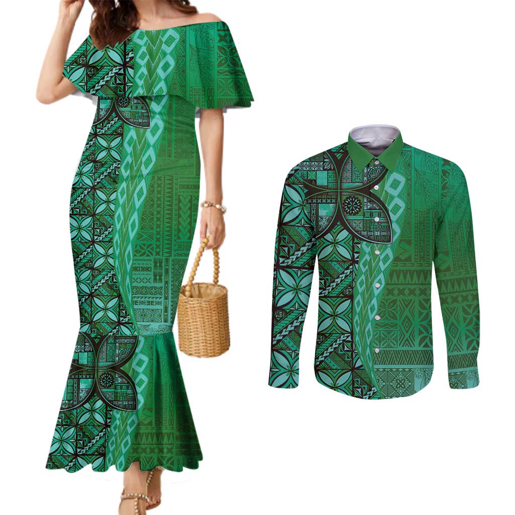 Samoan Pacific Tribal Flower Geometric Art Tattoos Couples Matching Mermaid Dress and Long Sleeve Button Shirt Siapo Pattern Emerald Glow LT03 Green - Polynesian Pride