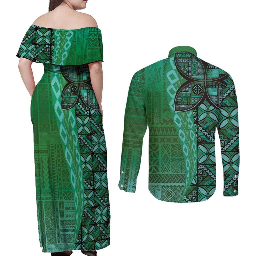 Samoan Pacific Tribal Flower Geometric Art Tattoos Couples Matching Off Shoulder Maxi Dress and Long Sleeve Button Shirt Siapo Pattern Emerald Glow LT03 - Polynesian Pride