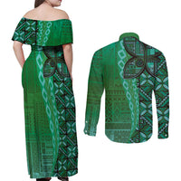Samoan Pacific Tribal Flower Geometric Art Tattoos Couples Matching Off Shoulder Maxi Dress and Long Sleeve Button Shirt Siapo Pattern Emerald Glow LT03 - Polynesian Pride
