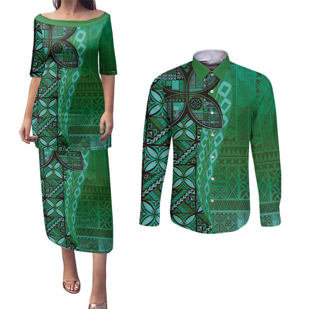 Samoan Pacific Tribal Flower Geometric Art Tattoos Couples Matching Puletasi and Long Sleeve Button Shirt Siapo Pattern Emerald Glow - Polynesian Pride