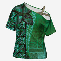 Samoan Pacific Tribal Flower Geometric Art Tattoos Cross Shoulder Shirt Siapo Pattern Emerald Glow LT03 Female Green - Polynesian Pride