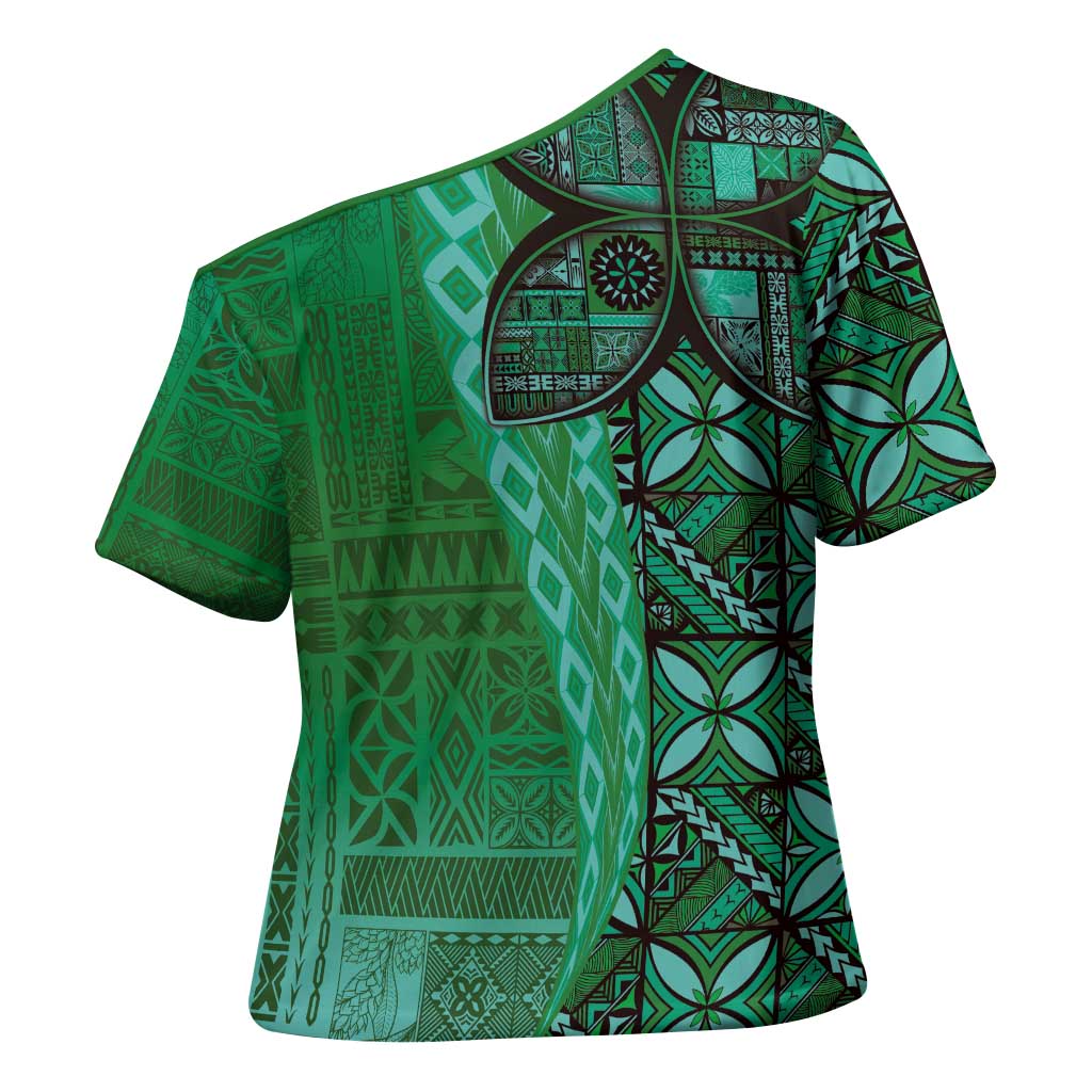 Samoan Pacific Tribal Flower Geometric Art Tattoos Cross Shoulder Shirt Siapo Pattern Emerald Glow LT03 - Polynesian Pride