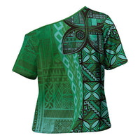 Samoan Pacific Tribal Flower Geometric Art Tattoos Cross Shoulder Shirt Siapo Pattern Emerald Glow LT03 - Polynesian Pride