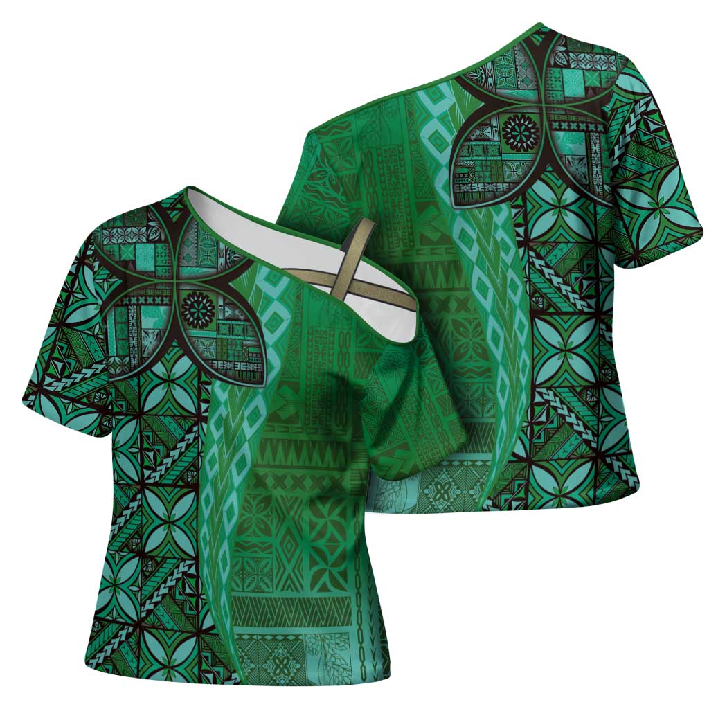 Samoan Pacific Tribal Flower Geometric Art Tattoos Cross Shoulder Shirt Siapo Pattern Emerald Glow LT03 - Polynesian Pride