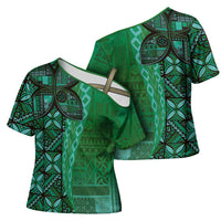 Samoan Pacific Tribal Flower Geometric Art Tattoos Cross Shoulder Shirt Siapo Pattern Emerald Glow LT03 - Polynesian Pride