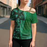 Samoan Pacific Tribal Flower Geometric Art Tattoos Cross Shoulder Shirt Siapo Pattern Emerald Glow LT03 - Polynesian Pride