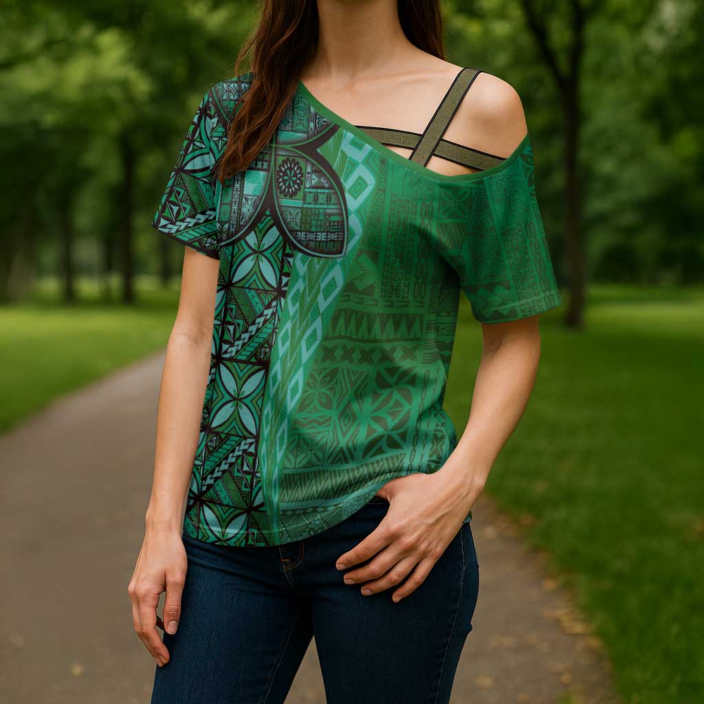 Samoan Pacific Tribal Flower Geometric Art Tattoos Cross Shoulder Shirt Siapo Pattern Emerald Glow LT03 - Polynesian Pride