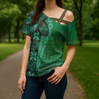 Samoan Pacific Tribal Flower Geometric Art Tattoos Cross Shoulder Shirt Siapo Pattern Emerald Glow LT03 - Polynesian Pride
