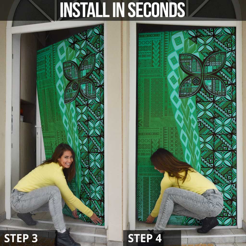 Samoan Pacific Tribal Flower Geometric Art Tattoos Door Cover Siapo Pattern Emerald Glow - Polynesian Pride