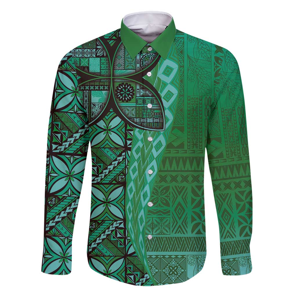 Samoan Pacific Tribal Flower Geometric Art Tattoos Family Matching Long Sleeve Bodycon Dress and Hawaiian Shirt Siapo Pattern Emerald Glow - Polynesian Pride