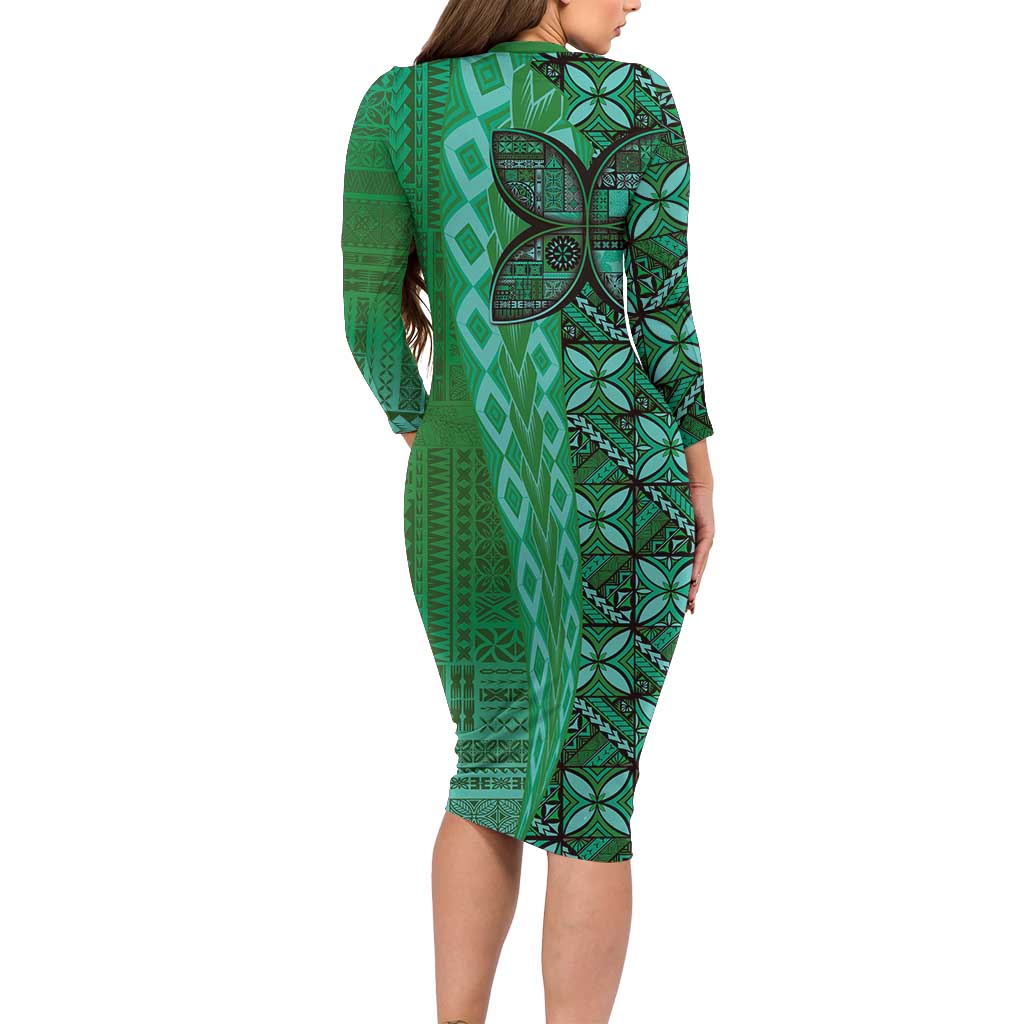 Samoan Pacific Tribal Flower Geometric Art Tattoos Family Matching Long Sleeve Bodycon Dress and Hawaiian Shirt Siapo Pattern Emerald Glow - Polynesian Pride