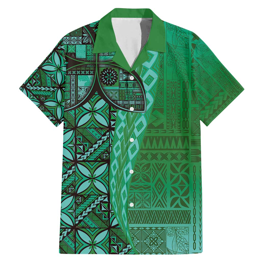 Samoan Pacific Tribal Flower Geometric Art Tattoos Family Matching Mermaid Dress and Hawaiian Shirt Siapo Pattern Emerald Glow - Polynesian Pride